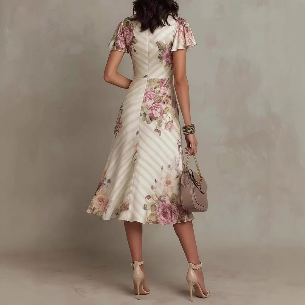 Printed V-neck Defined Waistline Ruffled Hem Dress