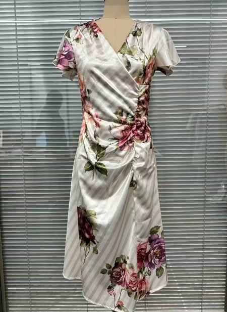 Printed V-neck Defined Waistline Ruffled Hem Dress
