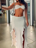 White Bandeau Top & Ruffled Slit Skirt Set